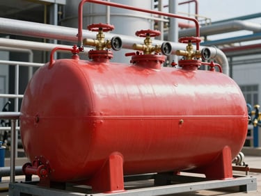 Industrial foam bladder tank painted red with brass valves in a chemical processing plant, daylight, sharp technical shot.
