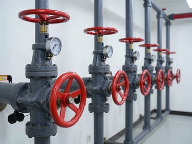 A row of industrial fire sprinkler pipes with red control valves and pressure gauges, bright clean mechanical room, sharp focus technical photography.