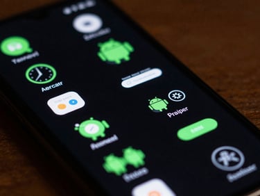 Macro close-up of interactive Android home screen widgets displaying system telemetry, glowing neon green accents, sharp typography, dark mode UI