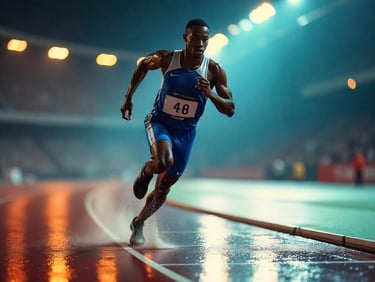 a man running on a track with a blue and white runner