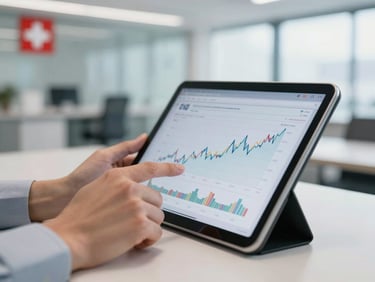 Close-up of professional hands reviewing clean financial charts on a digital tablet, bright natural daylight, clean corporate office setting