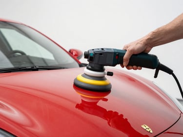 A professional detailer using a dual-action polisher on a brilliant red sports car panel, crisp studio lighting, high-contrast reflections, shallow depth of field