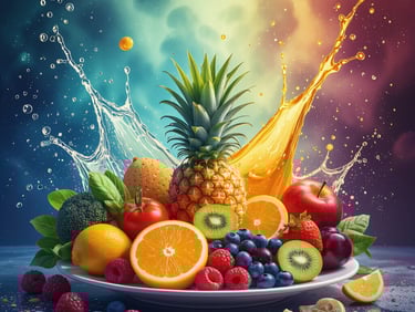 A bowl of fruits with water and juice splashing in the background