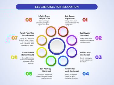 Different eye exercises for relaxation, helpful for digital eye strain.