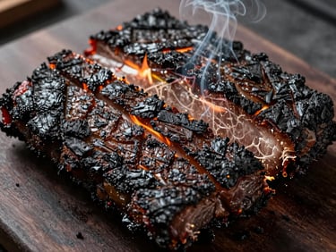 Extreme close-up of charred brisket bark texture on a dark cutting board, warm fire light raking across the surface revealing grain and crust detail, smoke wisps visible, shot from directly above