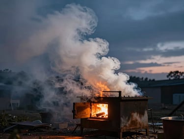 Wide shot of an outdoor smoker emitting thick white smoke against a dark twilight sky, long cinematic exposure, warm amber glow from firebox door slightly ajar, no people, moody editorial framing