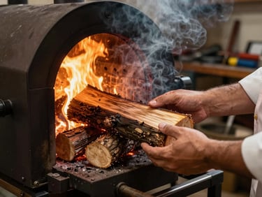 Chef Kadir's hands placing split oak logs into a large offset smoker firebox, warm amber firelight from inside the chamber, heavy smoke atmosphere, workshop setting with tools visible in background, shot from low angle
