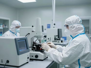 Wide environmental shot of a sterile pharmaceutical clean-room facility, technicians in full protective gear operating high-precision instruments