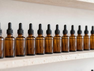 A row of uniform amber glass dropper bottles on a clean stone shelf, soft diffused light.