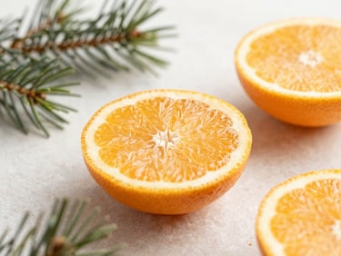 Close-up macro shot of raw sliced citrus and pine needles on a clean stone surface under soft diffused daylight, warm amber tones, 35mm composition.