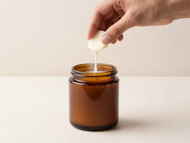 Soy wax candle being hand-poured into a dark amber jar, steam rising gently, bright minimalist studio.