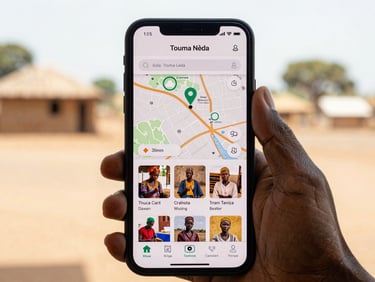 Smartphone screen showing the Touma Nèda app interface, with a map and artisan profiles, held by a hand in natural West African sunlight, 35mm.