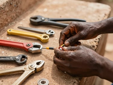 Close-up of a skilled plumber's hands repairing a pipe, tools neatly arranged, natural sunlight, focus on precision and craftsmanship.