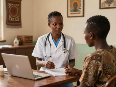 Medium shot of a healthcare worker in a clean, well-lit community clinic, interacting with a patient, conveying care and professionalism, warm lighting.