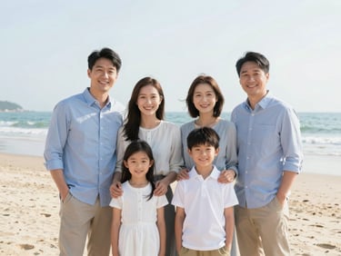 Bright natural photography of a family smiling on a sunny beach, soft daylight, warm friendly tones, 35mm
