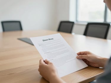 A bright, modern meeting room with natural light, hands holding a printed document on a wooden table, 35mm