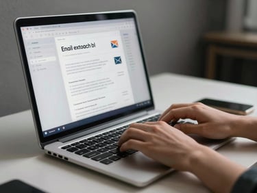 Hands typing on a keyboard at a clean desk, a browser window showing email outreach templates visible on screen, cool studio lighting, tight environmental framing, no faces