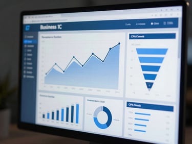 Close-up of a monitor displaying a business analytics dashboard with line graphs, conversion funnels, and CPA metrics in blue and white on dark background, cool studio lighting, no people