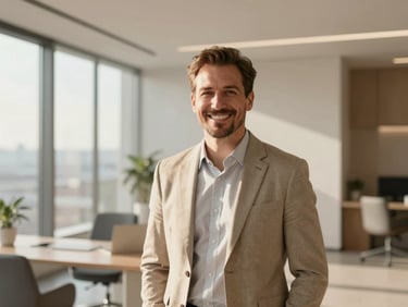 Warm portrait of a Moovin advisor smiling, in a sunlit modern office, natural light, 35mm lens.