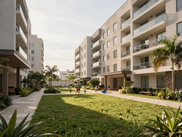 Family-friendly apartment complex, lush green common areas, children playing in background, Guarulhos, bright afternoon light, 35mm lens