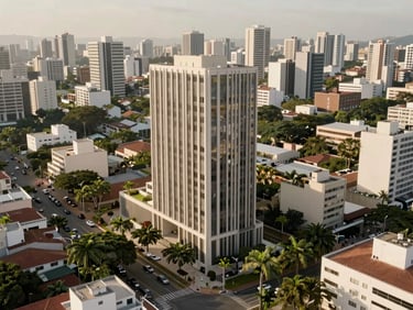 Vista aérea do centro de Guarulhos com o Residencial Parque em destaque, rodeado por áreas verdes e infraestrutura urbana.