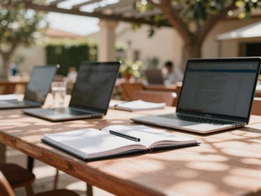 An outdoor seminar table with notebooks and laptops under a pergola, warm Mediterranean sunlight, soft focus.