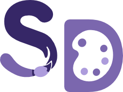 Purple graphic design logo featuring a letter S paintbrush and a letter D artist palette.