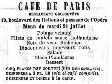 Menu du jour du café dé Paris, du mardi 21 juillet 1868 où figure la Glace Plombières