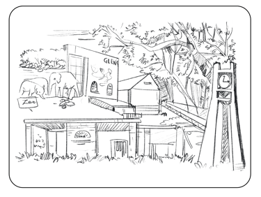 a drawing of a house with a dog on the roof