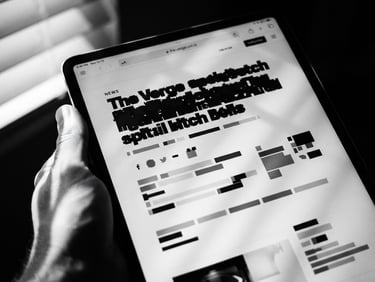 High-contrast close-up of a digital tablet displaying a major tech publication headline, sharp directional shadows, stark black and white, 50mm lens
