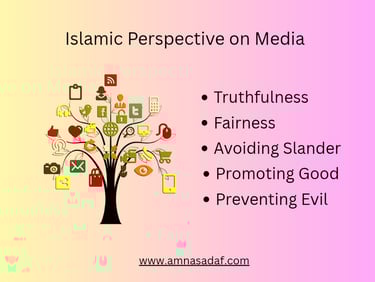 Islamic perspective on media — infographic highlighting ethics in journalism and communication.