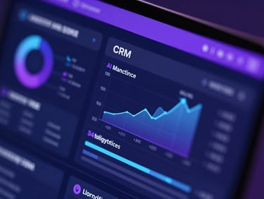 Macro close-up of a high-fidelity CRM dashboard showing growth metrics and AI sales recommendations, glowing purple and blue ambient light