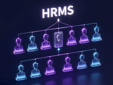 Sleek 3D render of HRMS organization chart with glowing data connections, translucent glassmorphic profiles, cool neon lighting