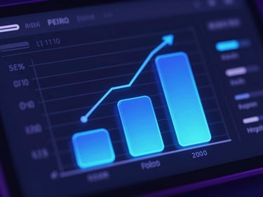 Detailed financial analytics interface, 3D bar charts in glowing electric blue, dark navy background, ultra-detailed tech aesthetic