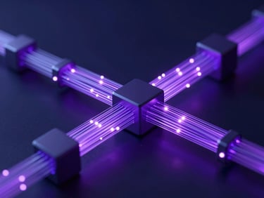 Sleek 3D render of interconnected digital nodes and glowing fiber optic pathways, cool ambient neon lighting, deep navy and electric purple tones, ultra-detailed tech aesthetic, macro lens