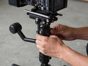 Close-up of hands adjusting a gimbal stabilizer on a camera rig, available light from above, metal details sharp, concrete studio floor visible below