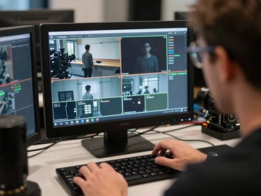 Over-the-shoulder view of a director reviewing footage on a field monitor, screen glow illuminating hands and keyboard, studio space in background slightly out of focus