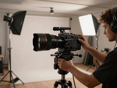 Wide shot of full camera and lighting rig setup in a compact studio space, crew member adjusting a light stand, cables visible on floor, no posed elements