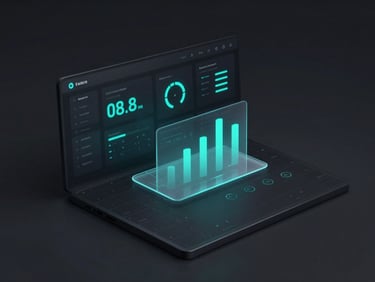 Dark mode ERP dashboard UI, data visualization, glowing cyan metrics, frosted glass elements, clean grid, isometric perspective, octane render