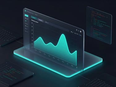 Sleek dark-mode UI mockup of a fintech trading platform dashboard, glowing cyan charts, frosted glass elements, macro shot of code interfaces, isometric perspective, octane render.