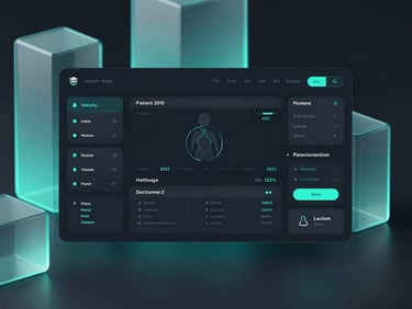 Dark-mode UI mockup of a healthcare patient portal, abstract 3D glass structures refracting cyan light, clean architectural workspace, close-up of medical data visualization, octane render.
