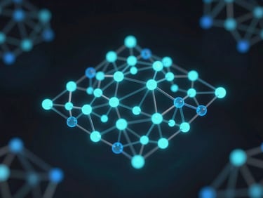 Abstract neural network visualization, glowing nodes, dark background, subtle glassmorphism, cyan and blue accents, macro shot, octane render