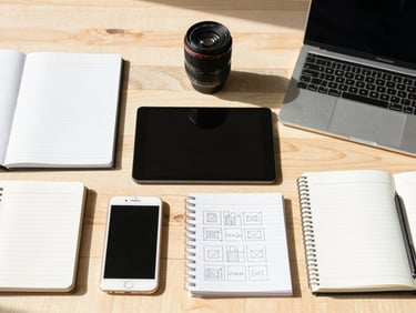 Flat-lay of organized digital devices, clean notebooks, and wireframes on a light wooden desk, bright natural daylight, optimistic warm tones, sharp focus, 35mm lens