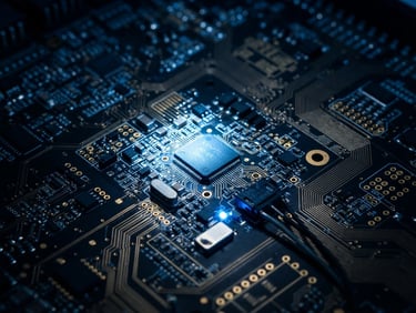 Macro shot of a high-contrast cryptographic circuit board, cold blue terminal glow, dark shadows, sterile technical photography