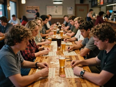 A medium-wide environmental 35mm photo of a crowded local brewery with people playing bingo at long wooden tables.