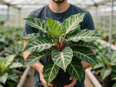 A close-up 35mm photo of a local grower holding a healthy, vibrant calathea plant in a greenhouse, soft natural light.