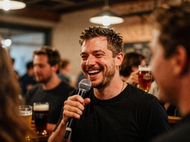 A candid 35mm photo of a friendly host with a microphone laughing at a brewery event, warm ambient lighting.