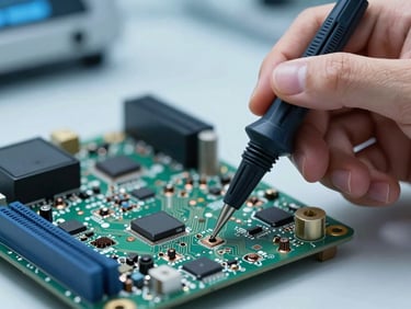 Macro close-up of a technician's hands using digital testing probes on a clean, modern television motherboard, clinical blue lighting, sharp focus on copper circuits.