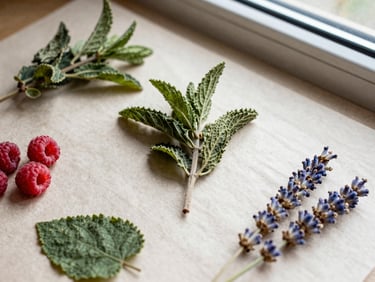 Overhead flat-lay of dried peppermint, raspberry leaf, and lavender on textured parchment, natural window light