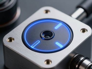 Close-up of secure physical authentication hardware, cool blue status lights, brushed metal chassis, clean technical aesthetic.
